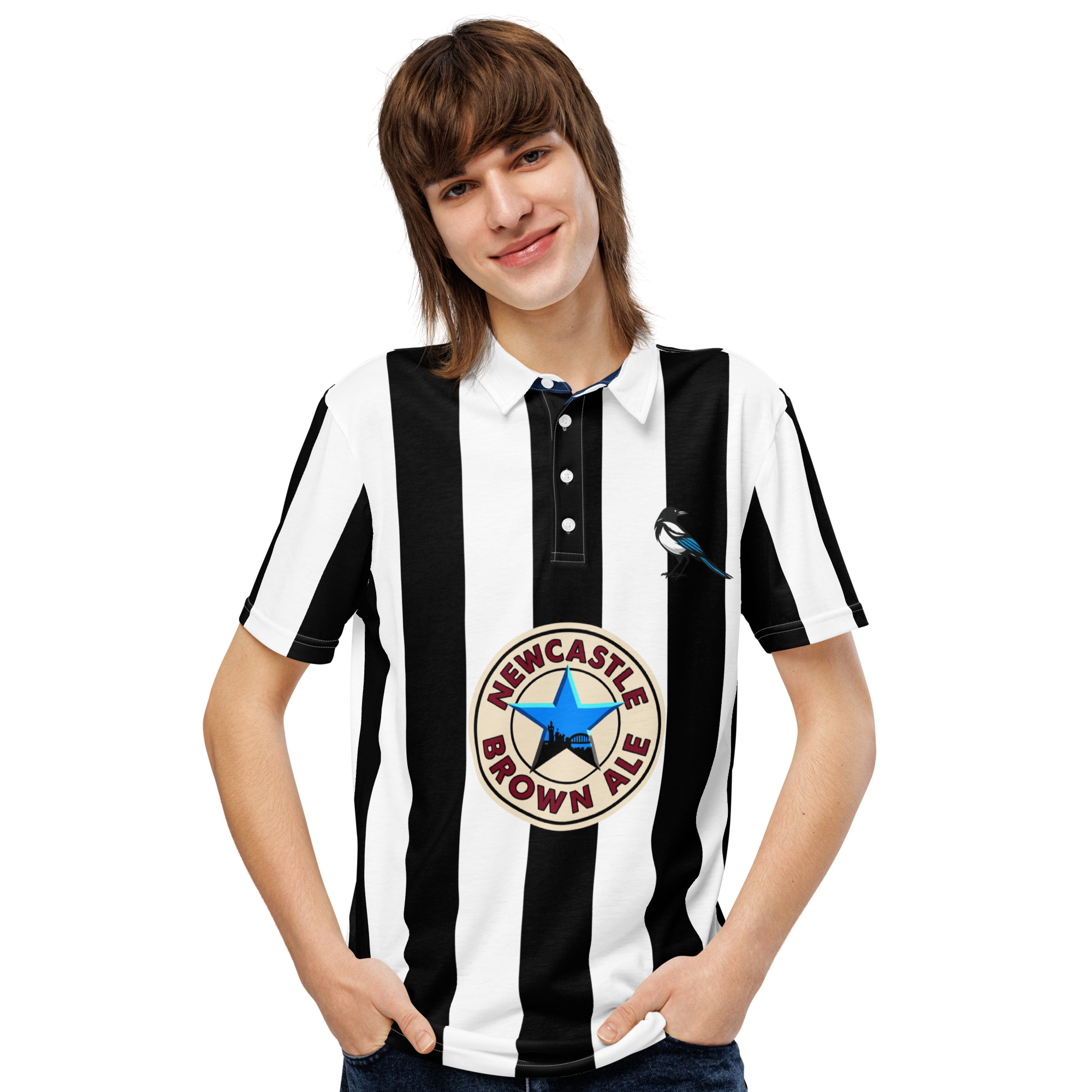 Newcastle Magpies Brown Ale Black & White Men’s Slim Fit Polo Shirt - Image 3
